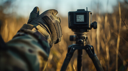 Army rangefinder-angle meter on a tripod. Soldier's hand in a tactical glove. Close-up. Determining the distance to various objects and conducting optical reconnaissance