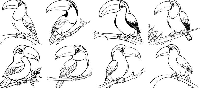 Toucan Bird hand drawing coloring page and outline vector design