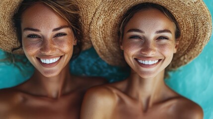 A vibrant image of two women wearing straw hats, posing closely with bright smiles. They both radiate happiness and joy, basking by the pool on a sunny day.