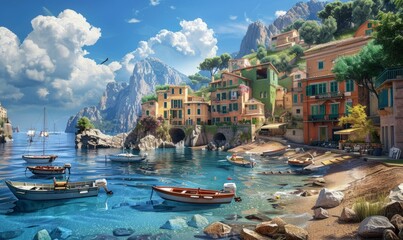 Wall Mural - Seaside village with boats and detailed coastal scenery