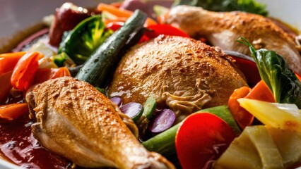 Wall Mural - A close up of a bowl filled with chicken and vegetables, AI