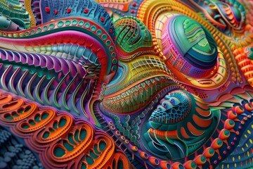Poster - close up view of colorful artwork with intricate kaleidoscopic patterns twisting and morphing, kalei