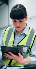 Canvas Print - Tablet, thinking and woman engineer in factory for inventory management or planning. Checklist, logistics and problem solving with person in industrial plant for automated manufacturing or production