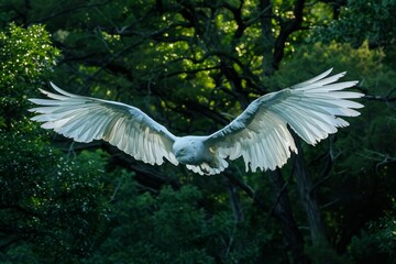 Sticker - A large white bird with a vast wingspan gracefully flying through a dense forest, Large wingspan stretching out in flight