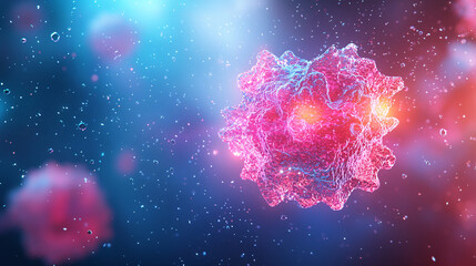 Wall Mural - a pink cell with a yellow center is floating in a blue sky. the cell is surrounded by water droplets