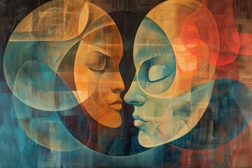 Poster - a painting depicting two faces with contrasting shapes merging together in vibrant colors, layers of
