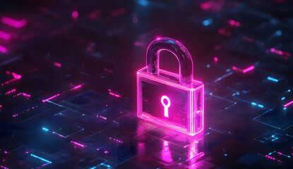 Wall Mural - A glowing, neon pink padlock is set against a dark, abstract background, symbolizing cybersecurity, digital privacy, and data protection. The futuristic, high-tech design emphasizes security