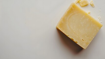 Block of hard cheese on white background with crumbs, minimalistic food composition