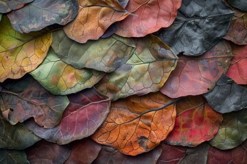 Poster - Close up of a cluster of leaves creating a mosaic of textures and colors, Layers of overlapping leaves creating a mosaic of textures