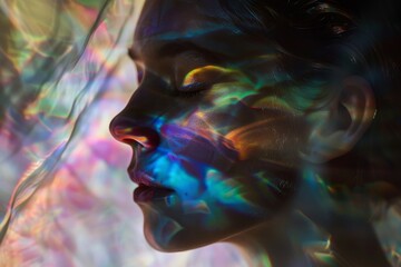 Poster - A womans face is shown against a vibrant, multicolored background, creating a captivating contrast, Layers of translucency creating a dreamy, iridescent effect