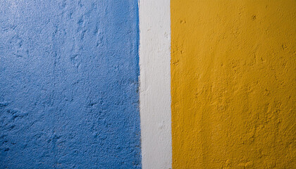 Wall Mural - Textured wall with blue, yellow and white paint. Abstract backdrop.