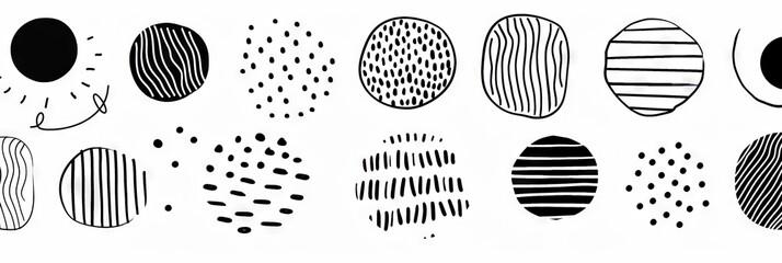 Wall Mural - A minimalist abstract art background with black and white stain and handwritten doodle scribble circles and lines. Ideal for wall decoration, posters, postcards, and brochures.