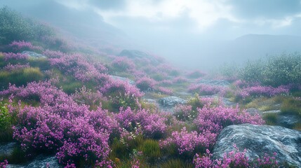 Enchanting misty moorland covered in blooming heather and rugged terrain wallpaper