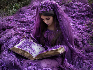 with with purple hair reading a spellbook