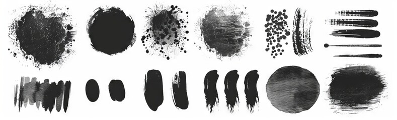 Black inked splatter dirt stain splattered spray splash with drops blots isolated. Ink splash stencils. Drop blots isolated.