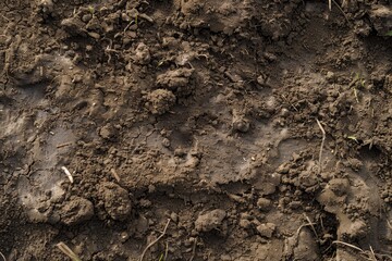 Sticker - Detailed view of a dirt field with patches of grass in focus, Loamy earth with a soft, smooth texture and earthworm trails