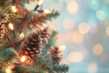 Canvas Print - A close up of a christmas tree with lights and pine cones. AI.