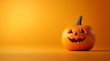 Isolated Halloween pumpkin jack-o'-lantern on orange background with copy space, banner.