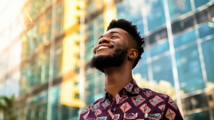 Wall Mural - A man with a beard looking up at the sky. AI.