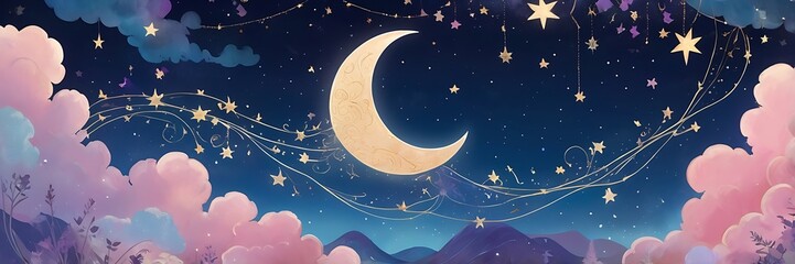 Wall Mural - Crescent moon with floral, star, and cloud design. Ideal for celestialthemed designs and products like calendars, stationery, and posters