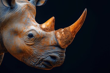 photo of a rhino isolated against a black background, emphasising the rhino's majestic features. wil