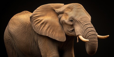 Photo of a elephant isolated against a black background, emphasising the elephant's majestic features. Wildlife and conservation concept, space for copy.