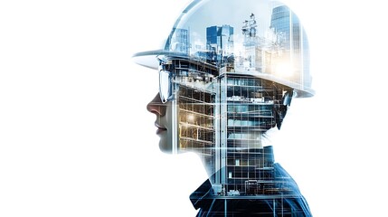 a photo collage of modern engineers at work, office, architects, double exposure, white background
