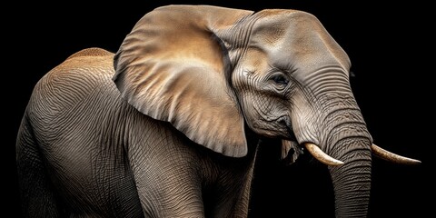 photo of a elephant isolated against a black background, emphasising the elephant's majestic feature