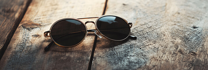 Objects banner with stylish sunglasses on wooden table, soft lighting, space for text