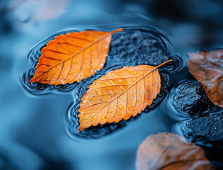 Meditative autumn scene with a pair of leaves floating on reflective water, capturing a moment of natural stillness.