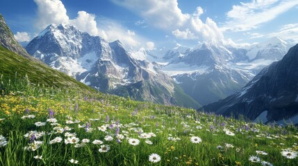 A breathtaking landscape showcasing a majestic mountain range with snow-capped peaks under a clear blue sky, a vibrant field of wildflowers adorns the foreground, symbolizing nature's beauty