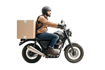 Wall Mural - Delivery man riding motorcycle transportation cardboard isolated on transparent background