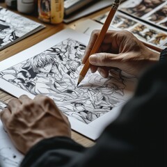 Close-up on hand. An artist draws an anime comic in the studio