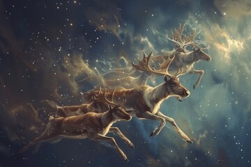 A painting depicting two reindeers soaring through the sky, Magical scene of reindeer flying through the sky