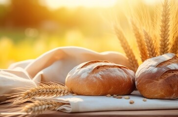 A close up of freshly baked bread and wheat ears on an old cloth