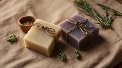 two rectangular soap bars, one purple and one beige, decorated with twine and placed beside fresh ro