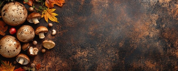 Autumn mushrooms and leaves on a stone background