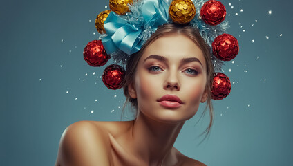 Canvas Print - attractive  young woman with Christmas decorations