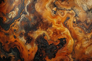 Poster - Detailed view of a brown and black marbled surface with a textured pattern, Marbled effect of orange and brown hues on textured surface