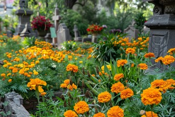 Poster - Garden overflowing with vibrant orange marigold flowers and other orange blooms, Marigolds and other vibrant flowers adorning altars and graves