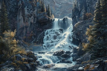 Sticker - A painting depicting a cascading waterfall amidst a lush forest of trees, Marveling at the beauty of a cascading waterfall in the mountains