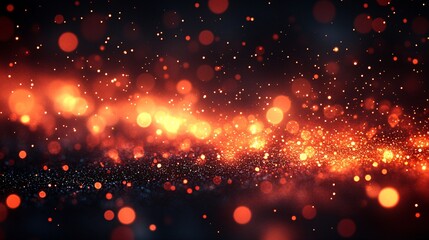 Wall Mural - abstract background with orange glowing particles and bokeh lights on dark black space, fire sparks,