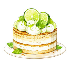 watercolor birthday lemon cake with mint isolated on transparent background, anime style