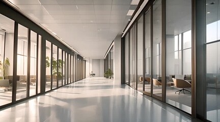 Wall Mural - Modern office building with a large wide corridor and glass partitions inside 4k animation