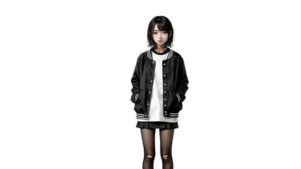 Portrait of young asian woman, short hair, in oversized varsity, isolated on white background, mockup, emo