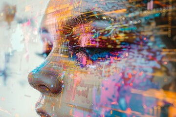 Poster - Close-up of a persons face with vibrant, colorful lines decorating their skin, Merge the worlds of art and technology through a binary lens
