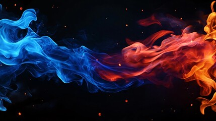 Wall Mural - blue and red flames, flames, blue smoke on the left, orange, smoke on the right, black, flames, each
