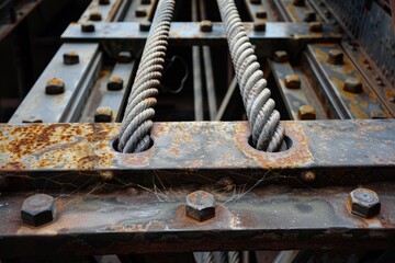 Poster - Detailed view of sturdy metal structure with intertwined ropes, Metal beams and cables intertwine to create a sturdy foundation for the turbine