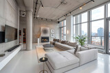 Fototapeta Uliczki - Minimalist urban loft with abstract smooth concrete walls, sleek furnishings.