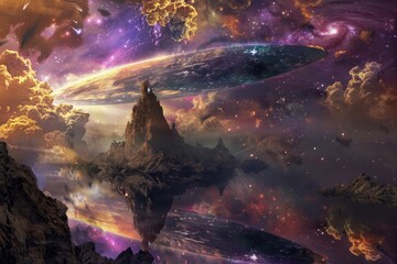 Poster - A painting showing a space station surrounded by clouds and stars against an alien sky, Metallic sheen reflecting an alien sky